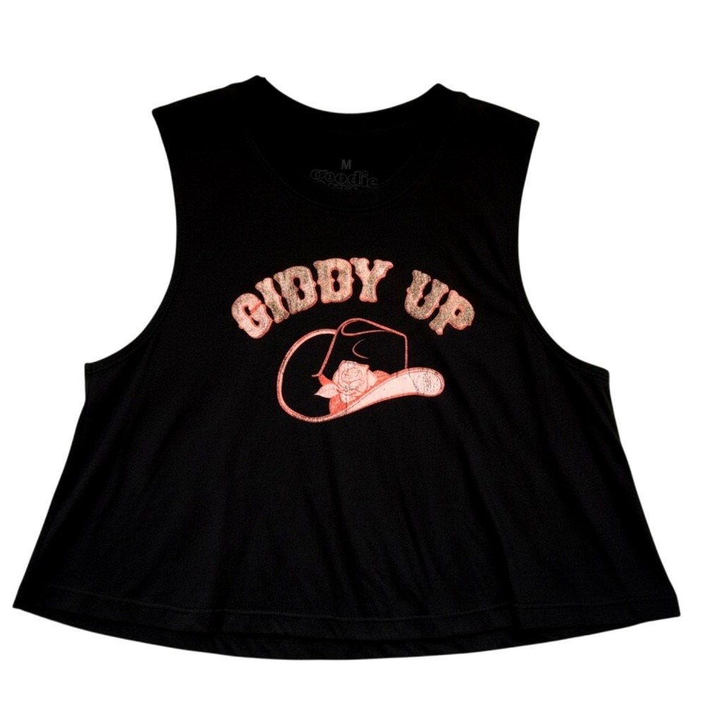 Giddy Up Spellout Crop Tank Goodie Two Sleeves Western Rodeo Coastal Cowgirl M